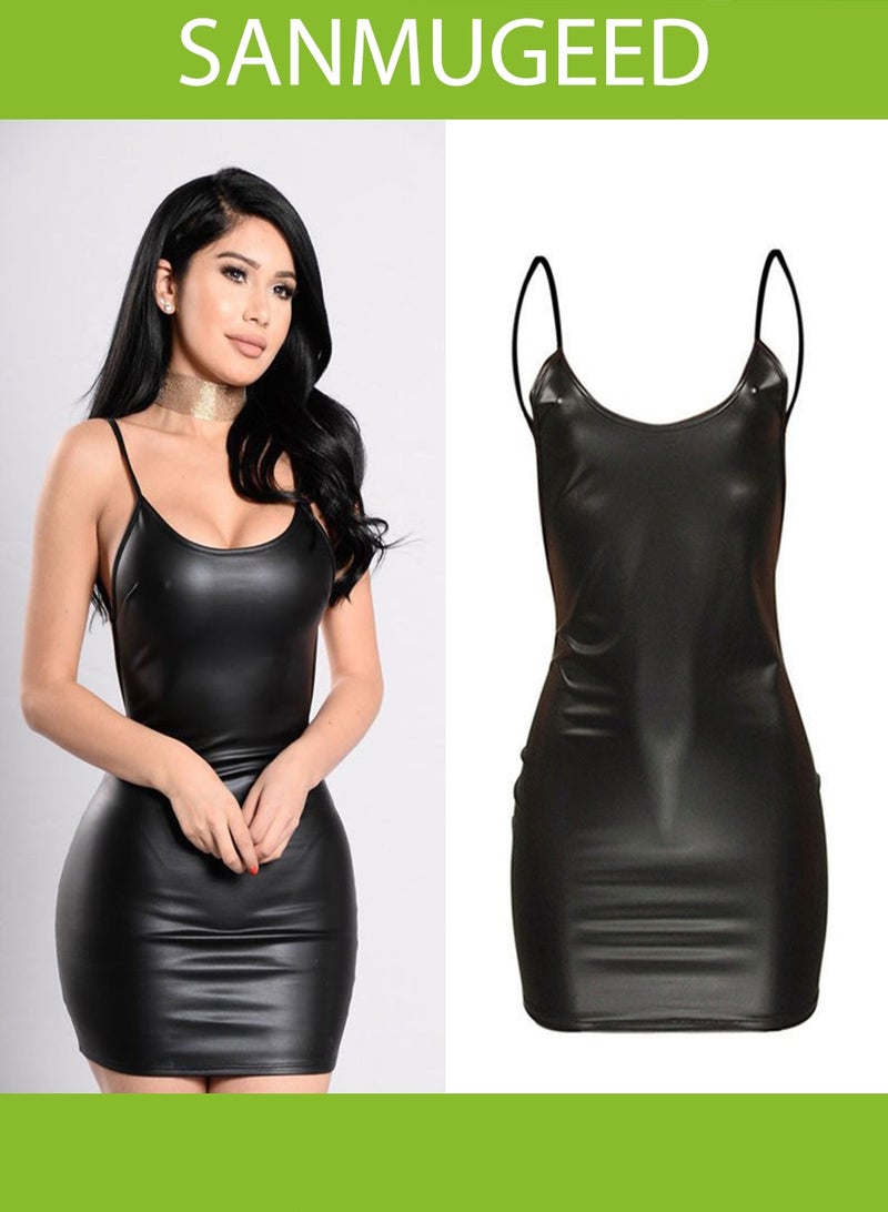 SANMUGEED Tight Party Suspender Mini Dress for Women's Sleeveless Cropped Leather Skirt Black - Image 2