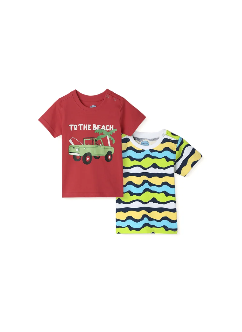نوتيناتي Nautinati Boys' Pack of 2 Cotton Beach Graphic Printed and Striped T-shirts