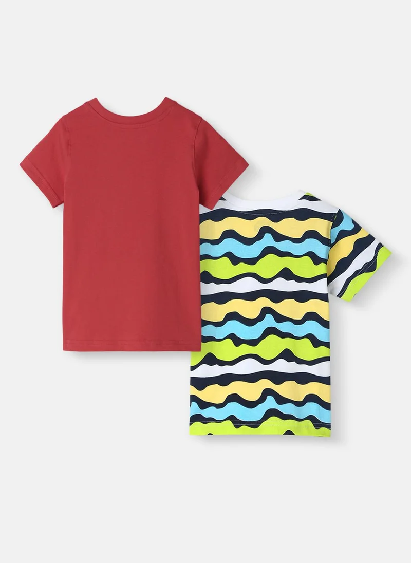 نوتيناتي Nautinati Boys' Pack of 2 Cotton Beach Graphic Printed and Striped T-shirts