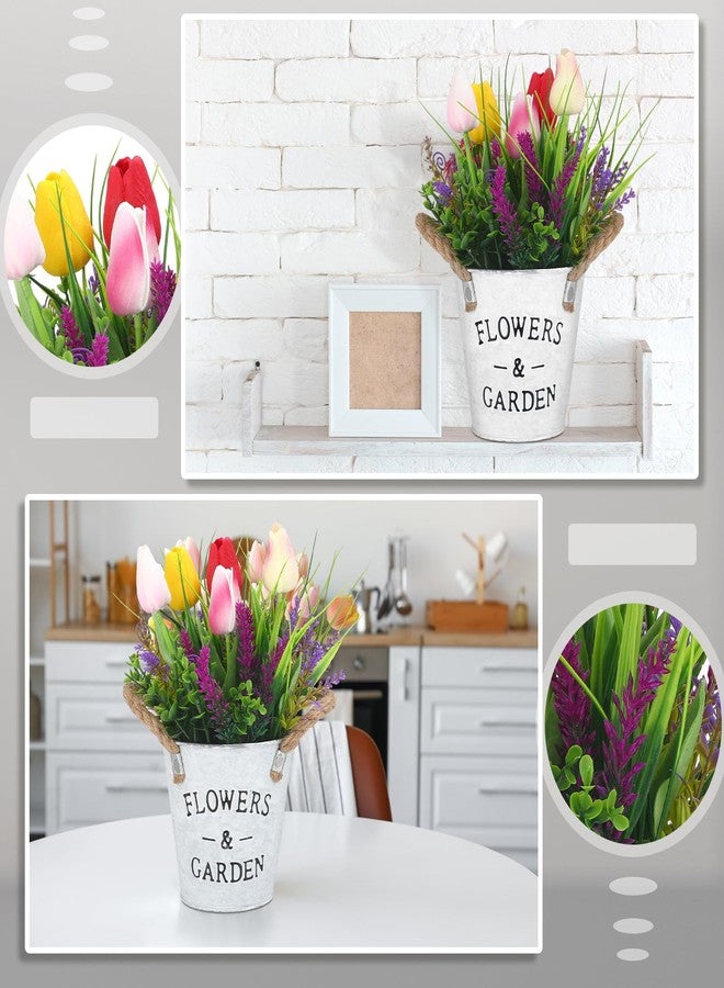 Solsew Summer Spring Flower Table Centerpiece, 10" Tall Fake Tulips Lavender in Vase Farmhouse Floral Arrangement Artificial Potted Plants for Rustic Home Office Patio Decor Gift - Image 5