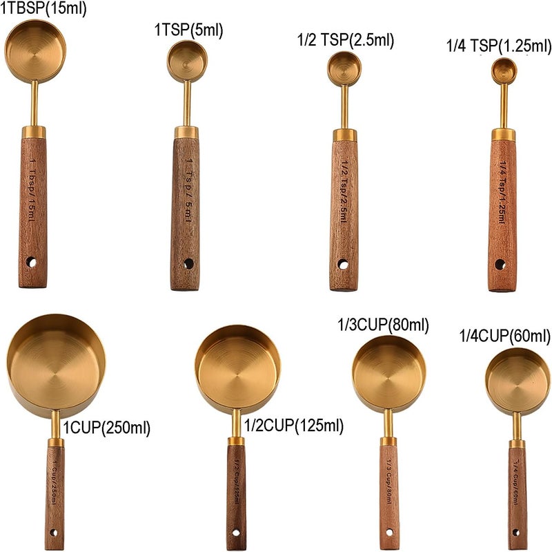 Dadamong Measuring Cups and Spoons Set of 8, Stainless Steel Gold Measuring Cups Kit with Wooden Handle, Kitchen Cooking Baking Spoons Tool Set for Solid and Liquid Iingredients - Image 3