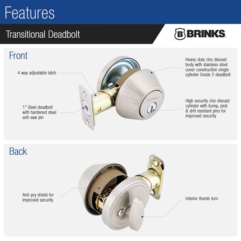 BRINKS Transitional Single Cylinder Deadbolt Lock, Door Lock Built for Residential Protection ANSI Grade 2 Security, Satin Nickel - Image 4