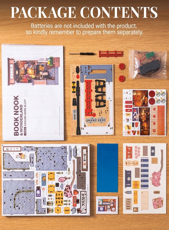 ROBOTIME Book Nook Kit DIY Miniature House Kit for Adults 3D Wooden Puzzle Bookends Bookshelf Diorama Insert Dollhouse Creative Decorative Unique Gifts for Teens and Beginners (Sakura Wine Alley) - Image 5