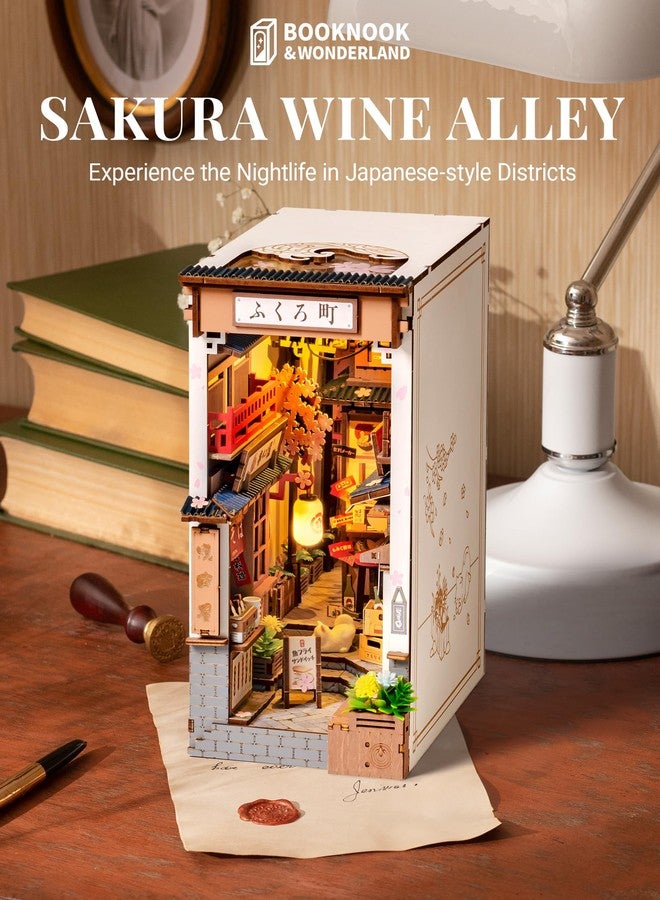 ROBOTIME Book Nook Kit DIY Miniature House Kit for Adults 3D Wooden Puzzle Bookends Bookshelf Diorama Insert Dollhouse Creative Decorative Unique Gifts for Teens and Beginners (Sakura Wine Alley) - Image 2