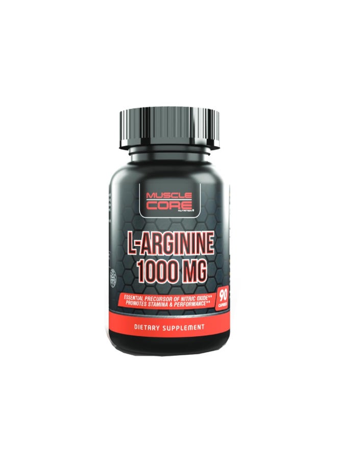 Muscle Core L-Arginine Dietary Supplement Capsules 1000mg — Supports Blood Flow, Exercise Performance, Muscle Recovery & Endurance, 90's - Image 1