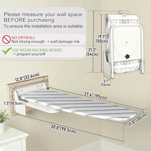 uyoyous Wall Mounted Ironing Board 37.4x11.8 inch Compact Folding Iron Board Wall Mount Space-Saving 180° Swivel Ironing Boards with Heat Resistant Cover for Home Laundry Room, Small Spaces - Image 2