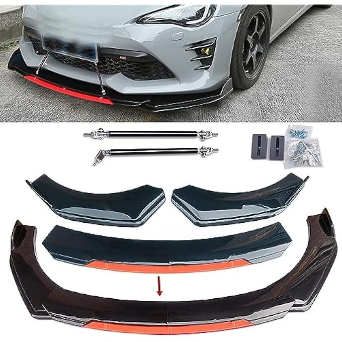 Aokzeeo Universal Front Bumper Lip Chin Spoiler PP Front Bumper Lip Sopiler Wing Body with Adjustable 8"-11" Support Splitter Rod (Red Round Shape) - Image 1