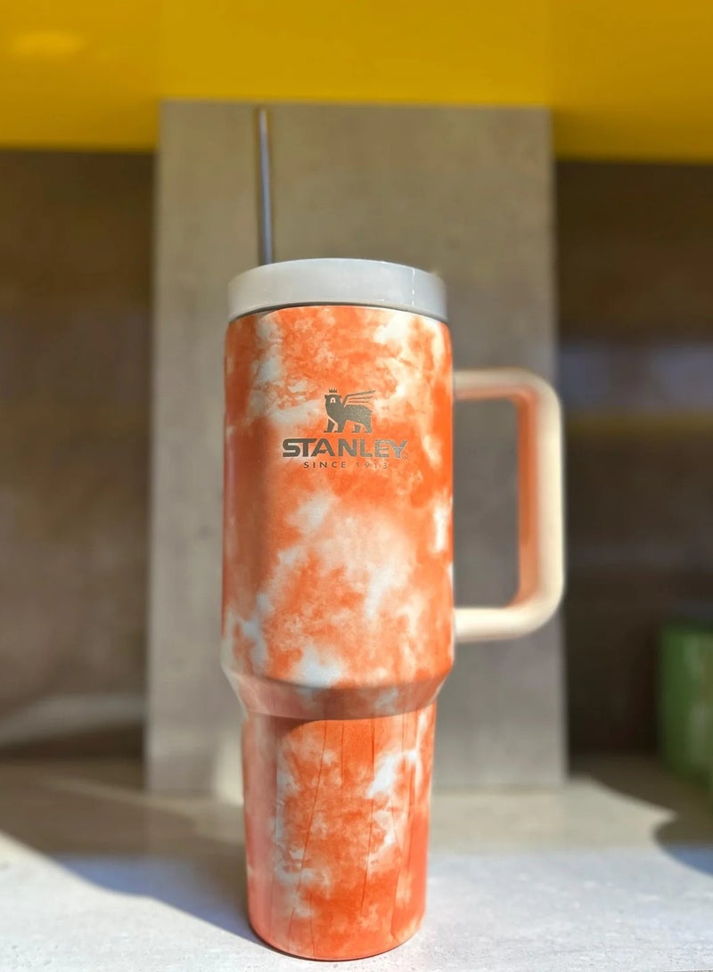 ستانلي كوب كوينشر H2.0 فلو ستيت معزول بتفريغ الهواء من ستانلي من الستانلس ستيل مع غطاء وماصة للمياه والشاي المثلج او القهوة والسموذي واكثر من ذلك، لون اورنج رخامي 2.0، 40 اونصة - Image 2