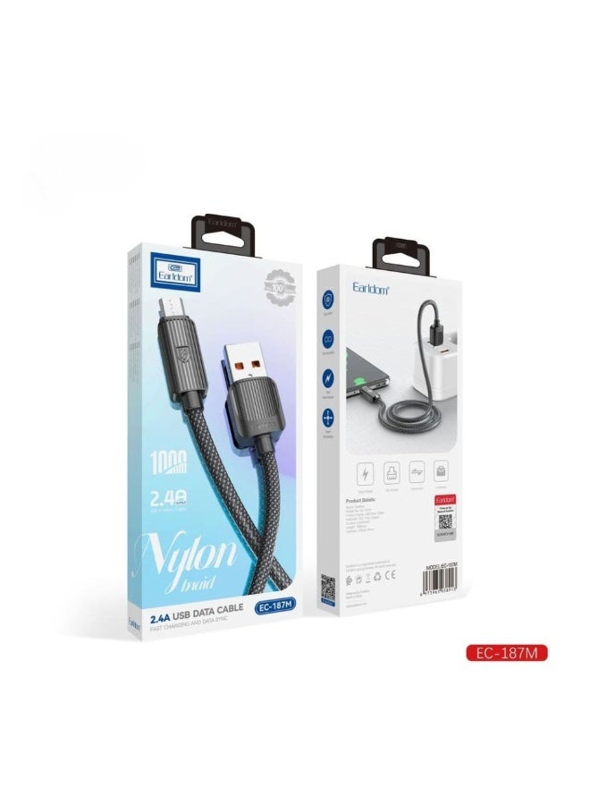 Earldom EC-187M 1M USB-A to Micro USB Nylon Braided Cable – 2.4A Fast Charging & Data Sync, Black - Image 4