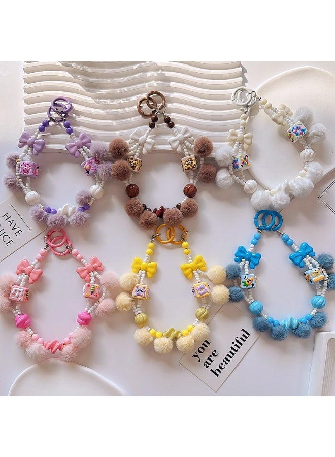 NIBEMINENT Beaded Phone Lanyard, Anti Lost Removable Wrist Strap, Rice Bead Bow Bracelet Pendant, Phone Keychain Lanyard,Milky - Image 2