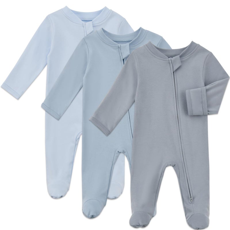 Aablexema Baby Organic Cotton Pajamas 2 Way Zipper Preemie Newborn One Piece Outfit Long Sleeve Footed Sleepwear(Blue Set,Newborn) - Image 1