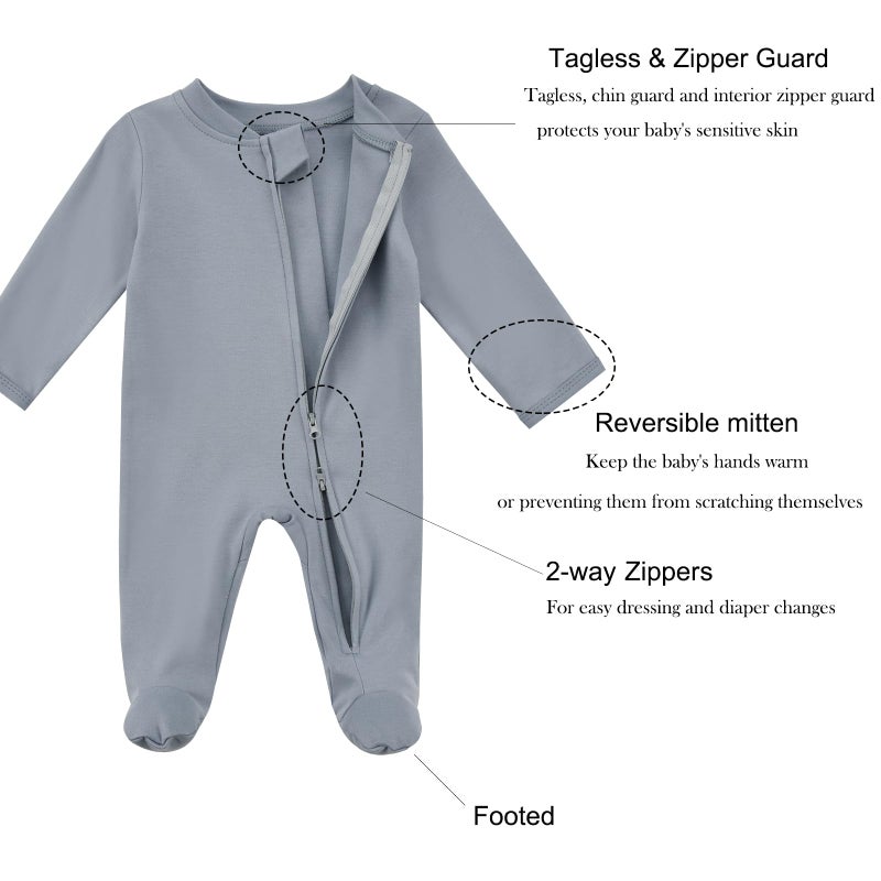 Aablexema Baby Organic Cotton Pajamas 2 Way Zipper Preemie Newborn One Piece Outfit Long Sleeve Footed Sleepwear(Blue Set,Newborn) - Image 4