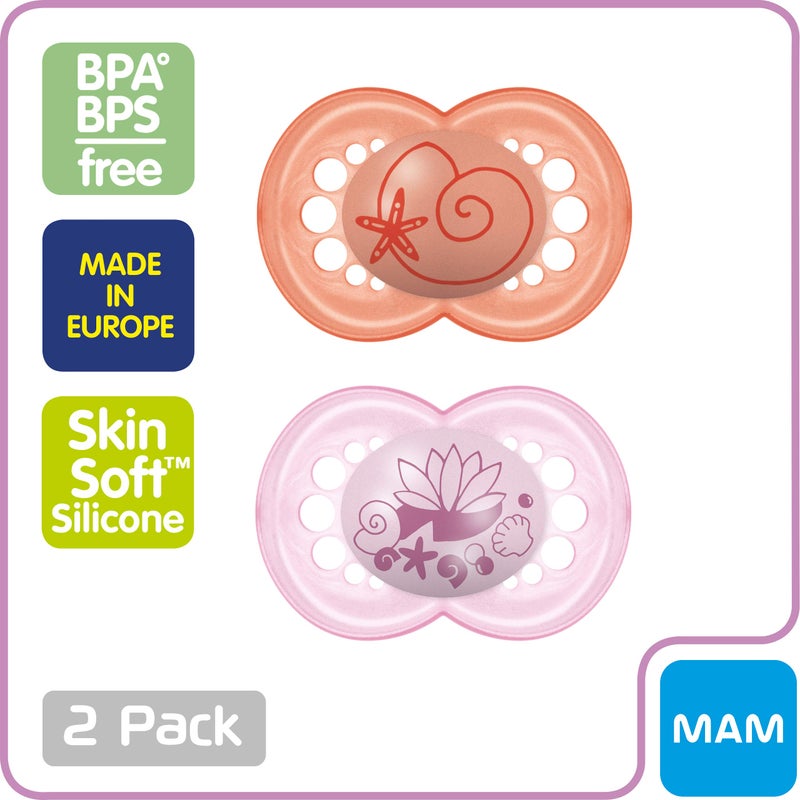 MAM Original Baby Pacifier, Nipple Shape Helps Promote Healthy Oral Development, Sterilizer Case, 2 Pack, 6-16 Months, Pearl/Girl - Image 3