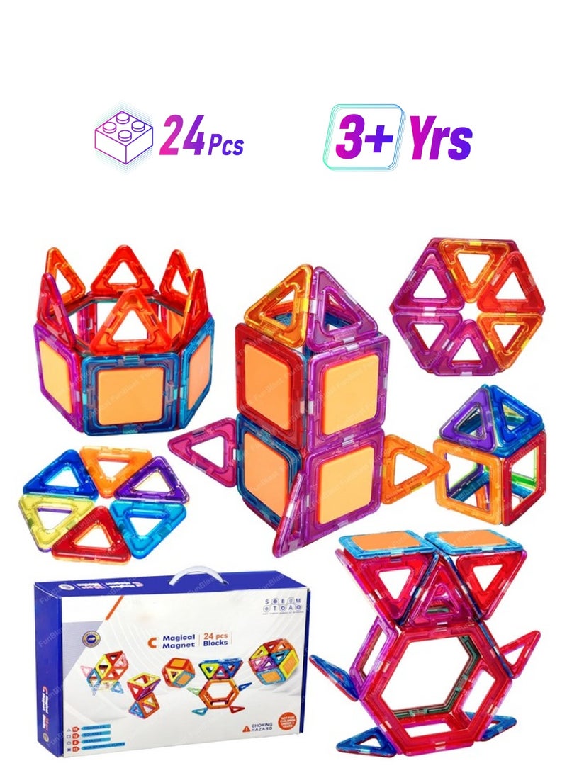 فنبلاست مكعبات بناء مغناطيسية من فن بلاست للأطفال، مكعبات مغناطيسية لألعاب الأطفال للأولاد والبنات من عمر 3 سنوات فما فوق، لعبة تعليمية STEM للأطفال من عمر 3 سنوات فما فوق، ألعاب تعليمية وبناء (24 قطعة) - Image 1