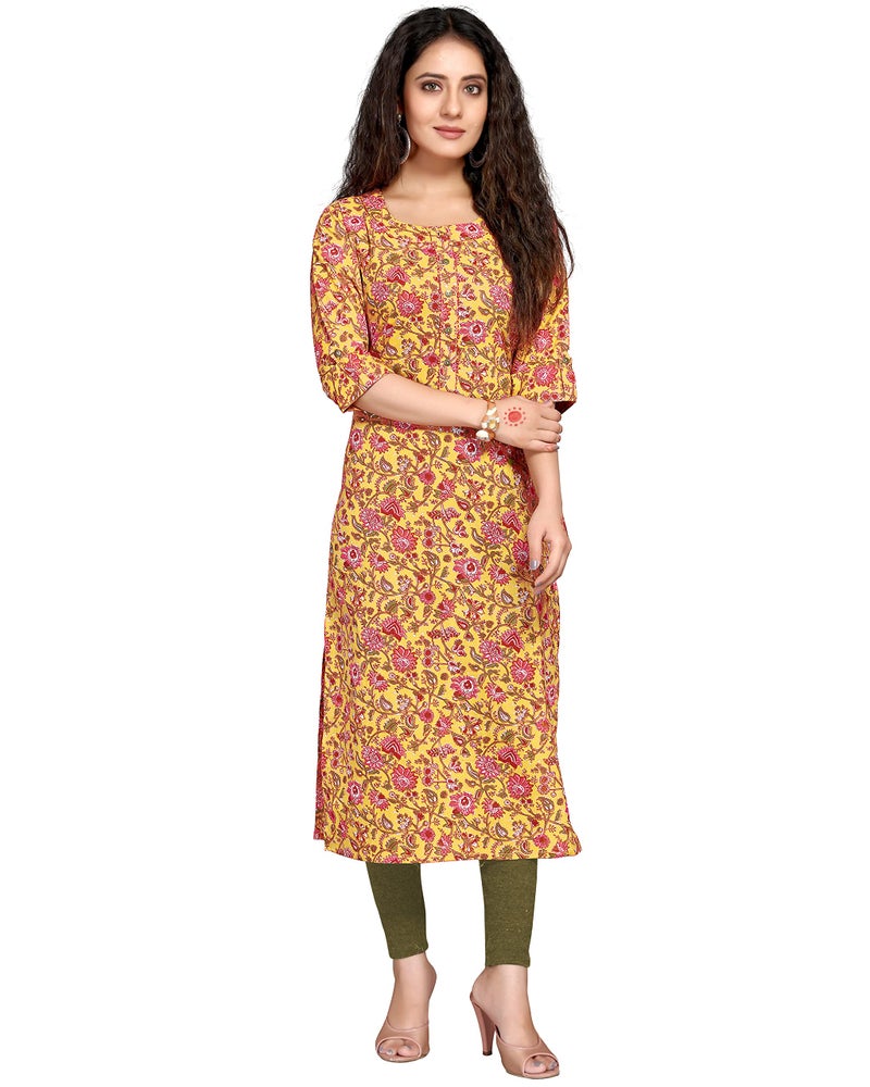 Rajnandini Women's Pure Cambric Cotton Kalamkari Floral Print Regular Fit Kurti (JOPLJPR69A-M_Yellow_M) - Image 1