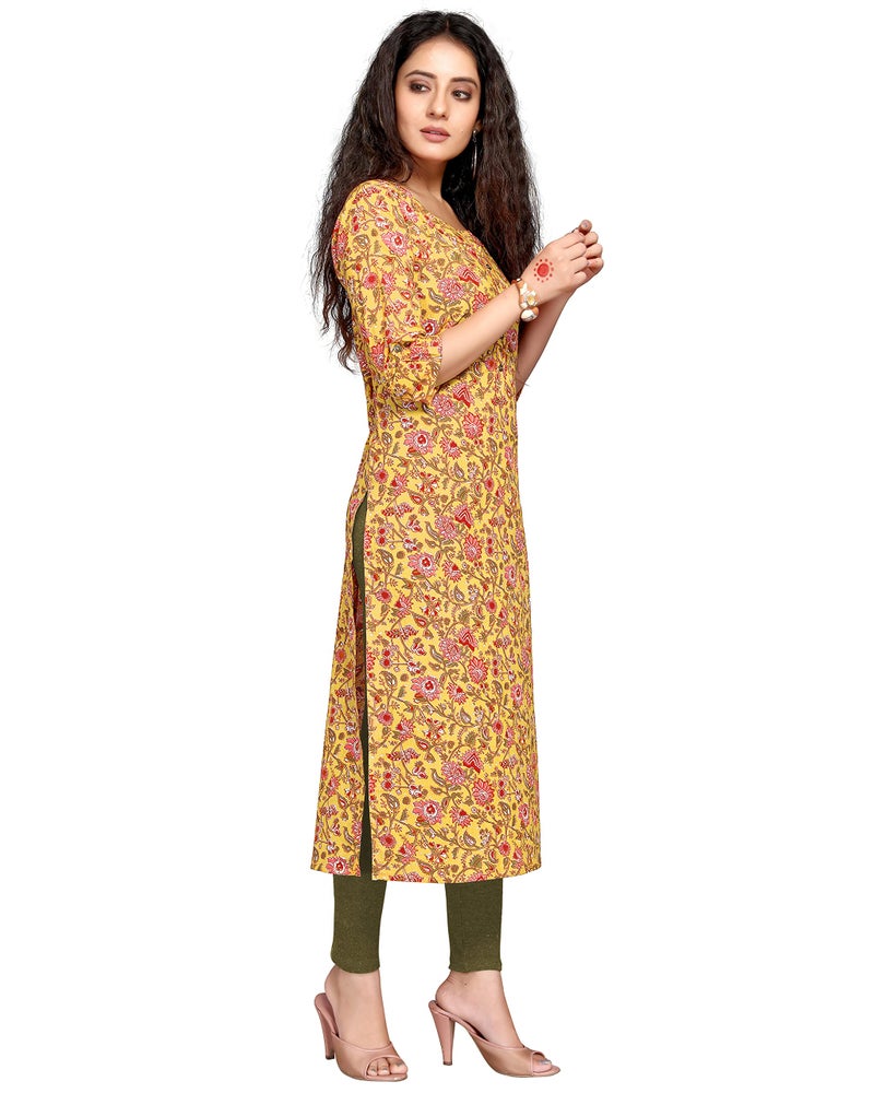 Rajnandini Women's Pure Cambric Cotton Kalamkari Floral Print Regular Fit Kurti (JOPLJPR69A-M_Yellow_M) - Image 3