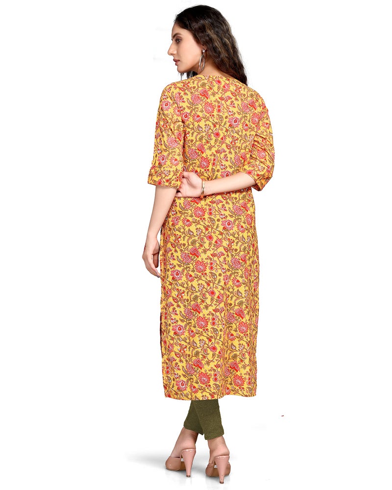 Rajnandini Women's Pure Cambric Cotton Kalamkari Floral Print Regular Fit Kurti (JOPLJPR69A-M_Yellow_M) - Image 2
