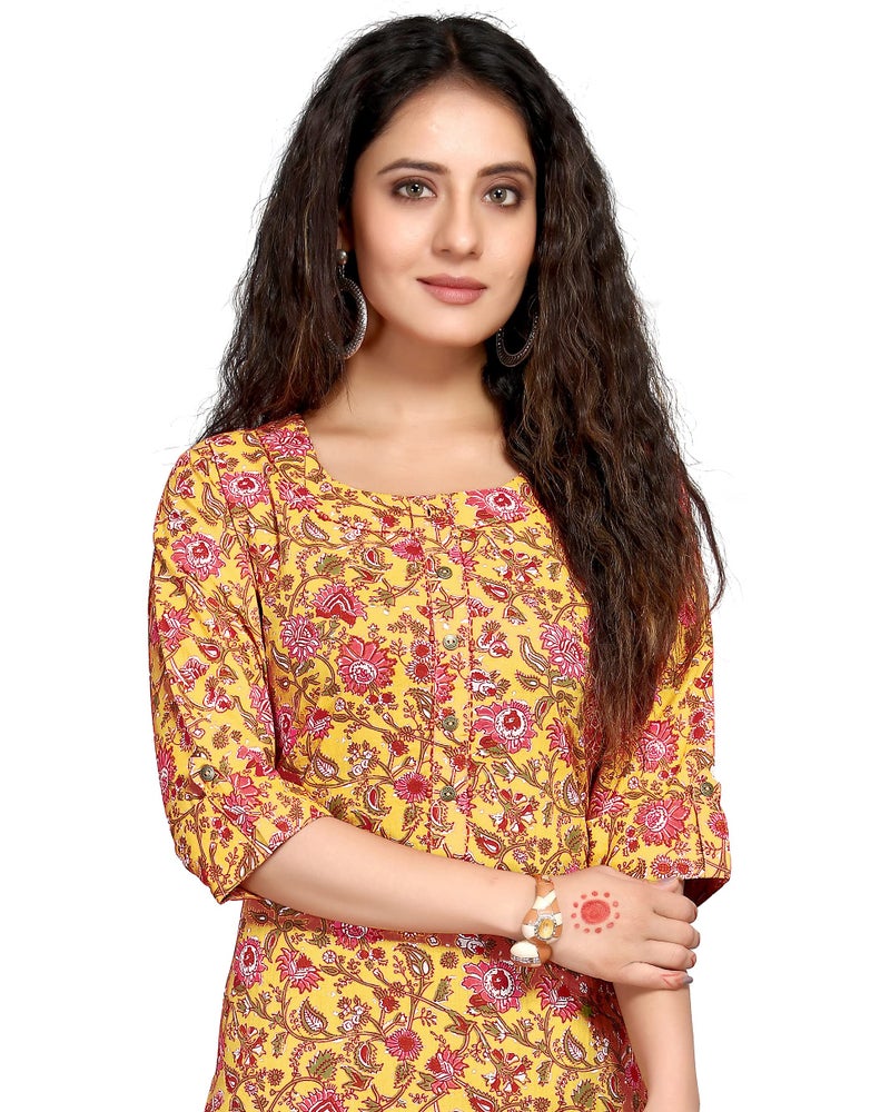 Rajnandini Women's Pure Cambric Cotton Kalamkari Floral Print Regular Fit Kurti (JOPLJPR69A-M_Yellow_M) - Image 5