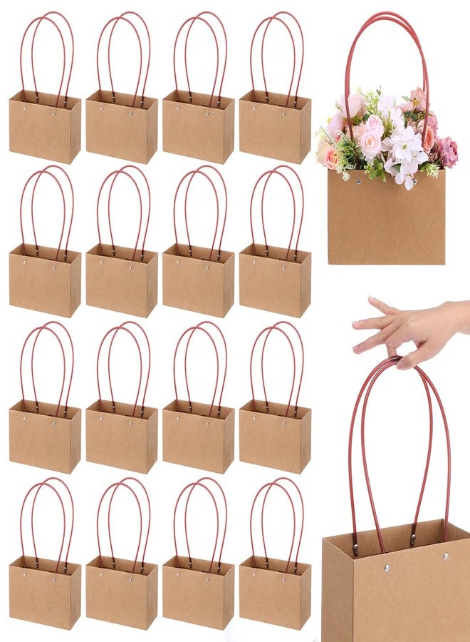 Limbeuuu 16-Pack Brown Paper Flower Gift Bags, Brown Bouquet Bag Box with Handle, Small Paper Carrier Tote Bags with Waterproof Lining for Floral Arrangements, Party Favor, Ultra Thick - Image 1
