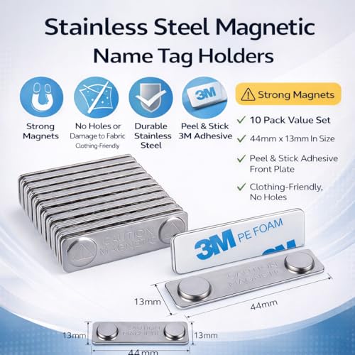 ART IFACT 10 Pieces Stainless Steel Badge Holder/Magnetic Name Tag with Adhesive on Front Plate (10) - Image 2