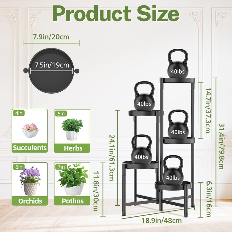 iDavosic.ly Plant Stand Indoor Outdoor, 5 Tier Corner Metal Flower Display Holder Shelf, Folding Tall Orchid Rack for Patio Balcony Porch Garden Living Room House, Black - Image 3
