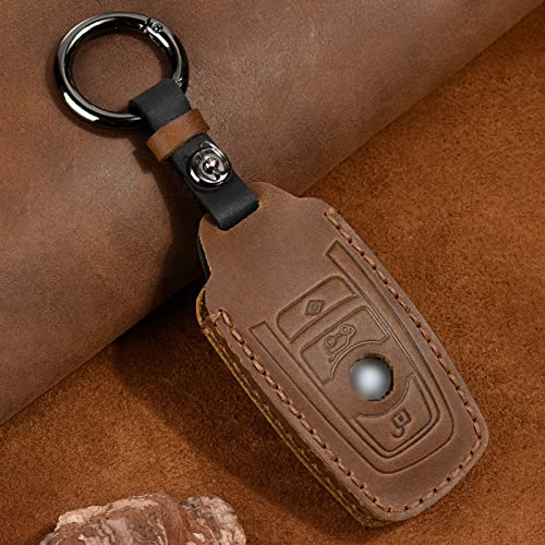 OLLEN Genuine Leather No Screws Key Fob Cover Fit for BMW 1 3 4 5 6 7 Series X3 X4 M5 M6 GT Series etc, Square Shape, Brown - Image 3