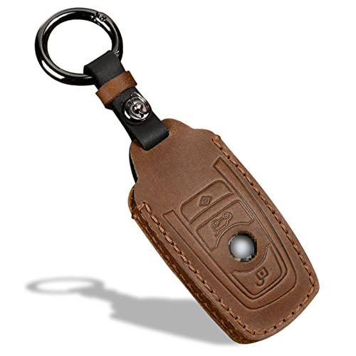 OLLEN Genuine Leather No Screws Key Fob Cover Fit for BMW 1 3 4 5 6 7 Series X3 X4 M5 M6 GT Series etc, Square Shape, Brown - Image 1