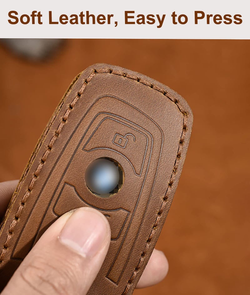 OLLEN Genuine Leather No Screws Key Fob Cover Fit for BMW 1 3 4 5 6 7 Series X3 X4 M5 M6 GT Series etc, Square Shape, Brown - Image 5