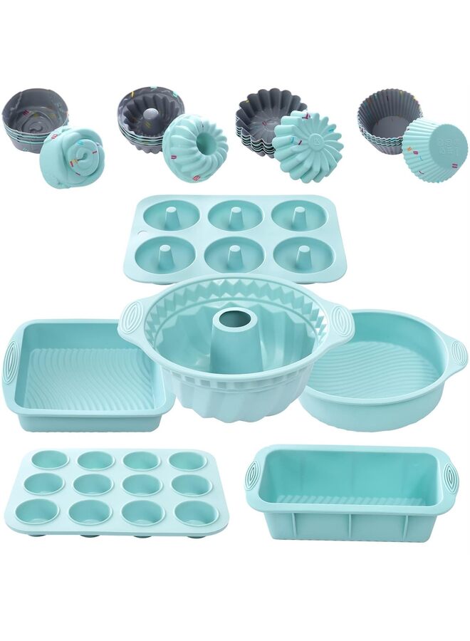 مجموعة أدوات خبز سيليكون غير لاصقة من ، مكونة من 30 قطعة، مع صينية خبز، وقوالب كيك سيليكون، وصينية خبز، وصينية دونات، وصينية مافن سيليكون، وصينية كيك، و24 قالب كب كيك سيليكون، وكؤوس خبز (اللون: GR) - Image 1
