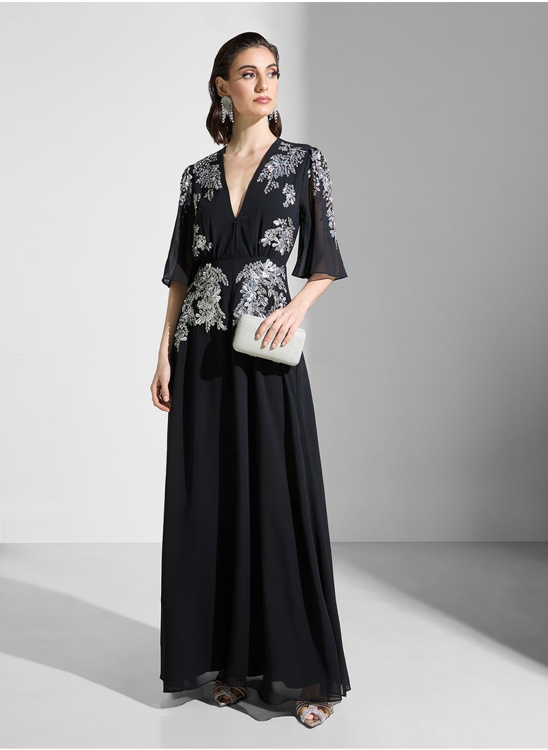 Hope & Ivy - Embellished Plunge Neck Dress - Image 1