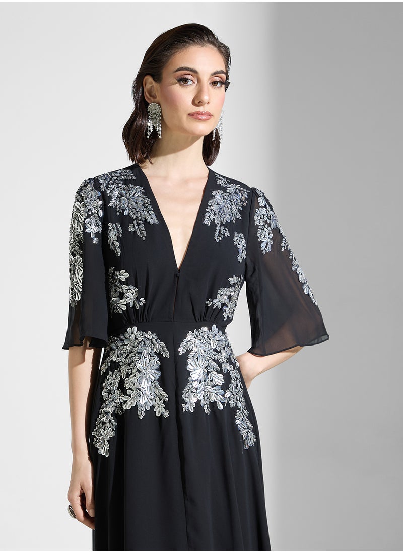 Hope & Ivy - Embellished Plunge Neck Dress - Image 1