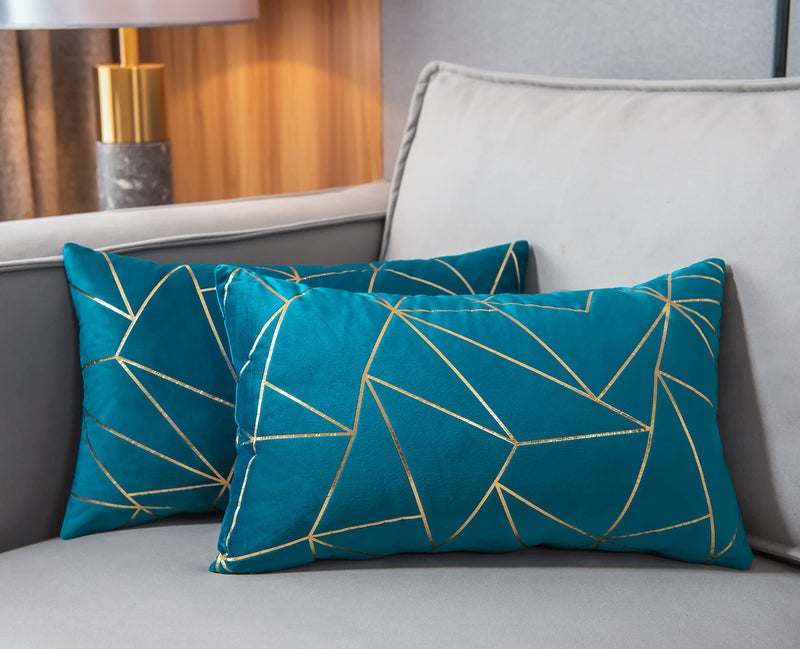 YONGLIU YONGLIU Pack of 2 Soft Velvet Lumbar Throw Pillow Covers Velvet Decorative Gold Foil Geometric Pattern Cute Cushion Case for Modern Homes Couch Sofa Bedroom Living Room (Aqua Blue and Gold  12X20 )  - Image 1