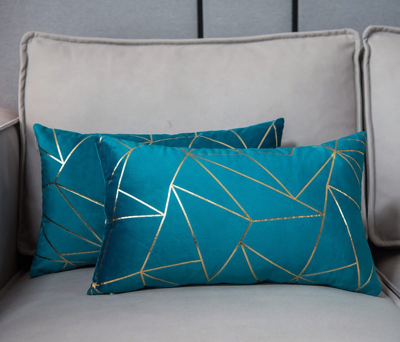YONGLIU YONGLIU Pack of 2 Soft Velvet Lumbar Throw Pillow Covers Velvet Decorative Gold Foil Geometric Pattern Cute Cushion Case for Modern Homes Couch Sofa Bedroom Living Room (Aqua Blue and Gold  12X20 )  - Image 2