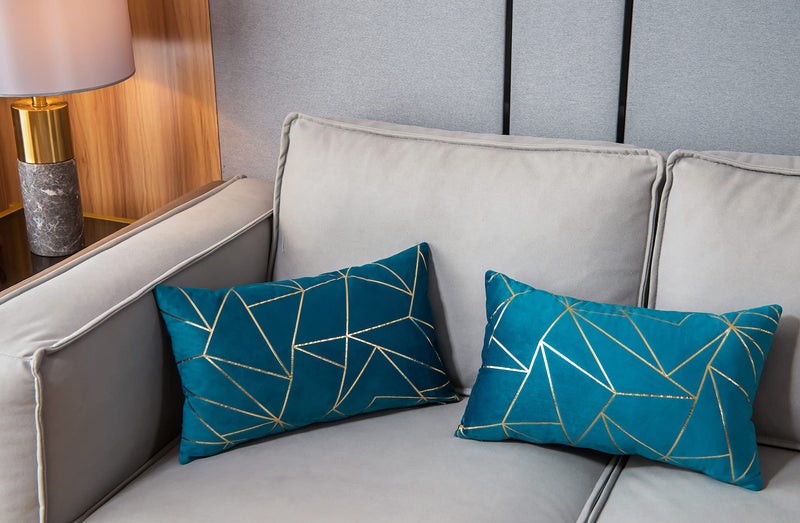 YONGLIU YONGLIU Pack of 2 Soft Velvet Lumbar Throw Pillow Covers Velvet Decorative Gold Foil Geometric Pattern Cute Cushion Case for Modern Homes Couch Sofa Bedroom Living Room (Aqua Blue and Gold  12X20 )  - Image 3