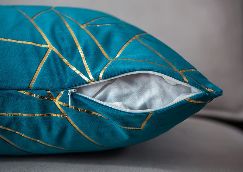 YONGLIU YONGLIU Pack of 2 Soft Velvet Lumbar Throw Pillow Covers Velvet Decorative Gold Foil Geometric Pattern Cute Cushion Case for Modern Homes Couch Sofa Bedroom Living Room (Aqua Blue and Gold  12X20 )  - Image 5