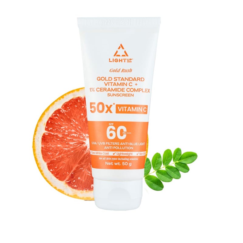 Light Up Gold Rush Gold Standard Vitamin C  1 Ceramide Complex Sunscreen Spf 60 Pa  UvaUvb Filters Anti Blue Light Anti Pollution  50GFor All Normal Oily Dry Sensitive Skin Types - Image 1
