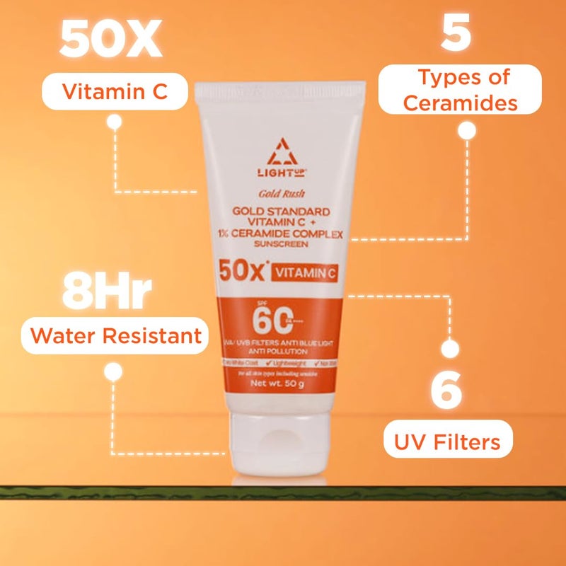 Light Up Gold Rush Gold Standard Vitamin C  1 Ceramide Complex Sunscreen Spf 60 Pa  UvaUvb Filters Anti Blue Light Anti Pollution  50GFor All Normal Oily Dry Sensitive Skin Types - Image 3