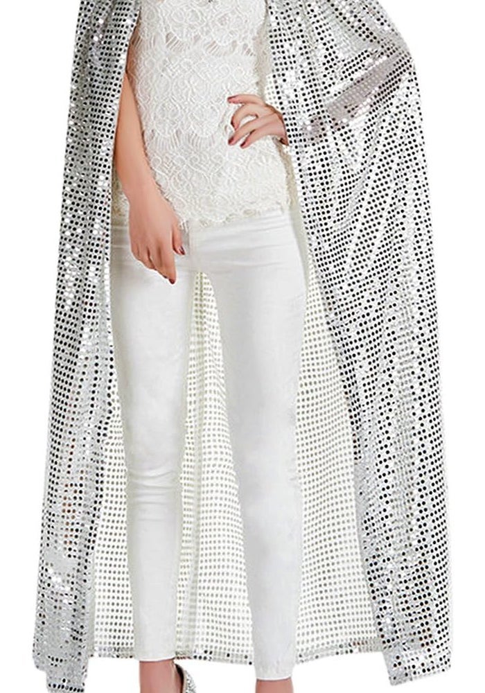 BXT Adult Women Long Maxi Paillette Cosplay Cape Silver - Image 2