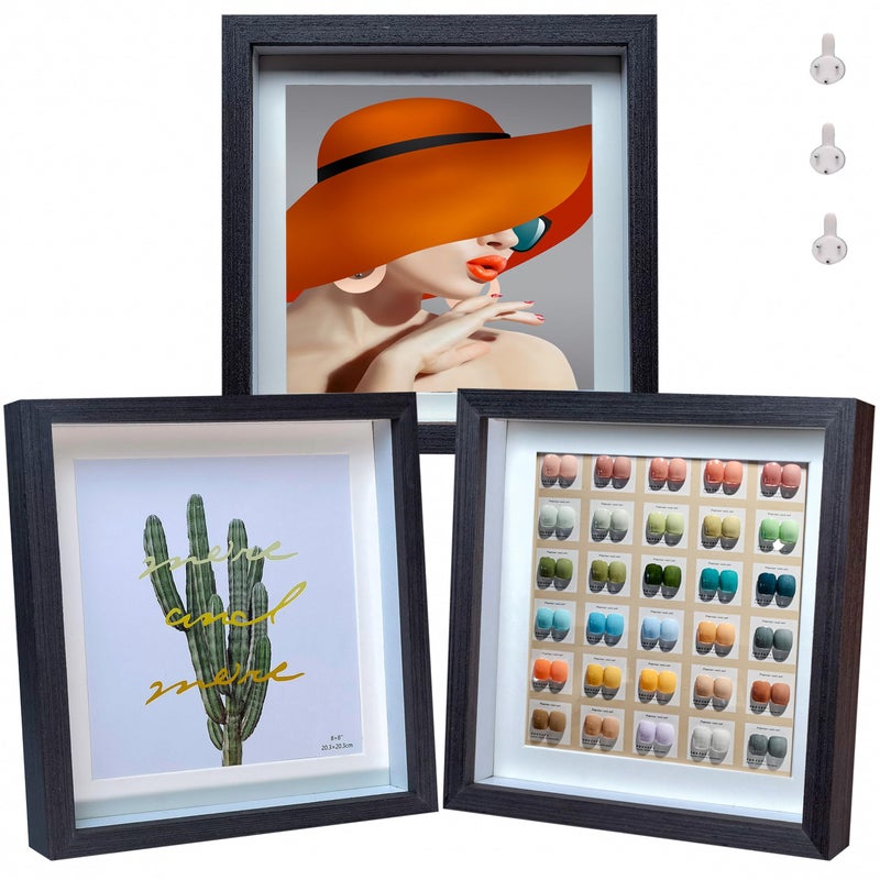 Dohomi 8x8 Shadow Box Frame Black Shadow Box Display Case 3 Pack Wooden Picture Frame Glass Surface Internal Depth 06 inch for Wall Or Tabletop
