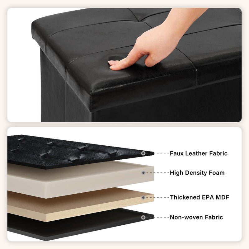 PINPLUS Folding Storage Ottoman Bench, Black Faux Leather Long Chest with Tray, Footrest Seat, Blanket Storage for Living Room Bedroom Office Hallway, 43.3"x15"x15" - Image 5