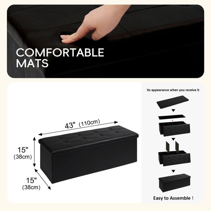 PINPLUS Folding Storage Ottoman Bench, Black Faux Leather Long Chest with Tray, Footrest Seat, Blanket Storage for Living Room Bedroom Office Hallway, 43.3"x15"x15" - Image 3