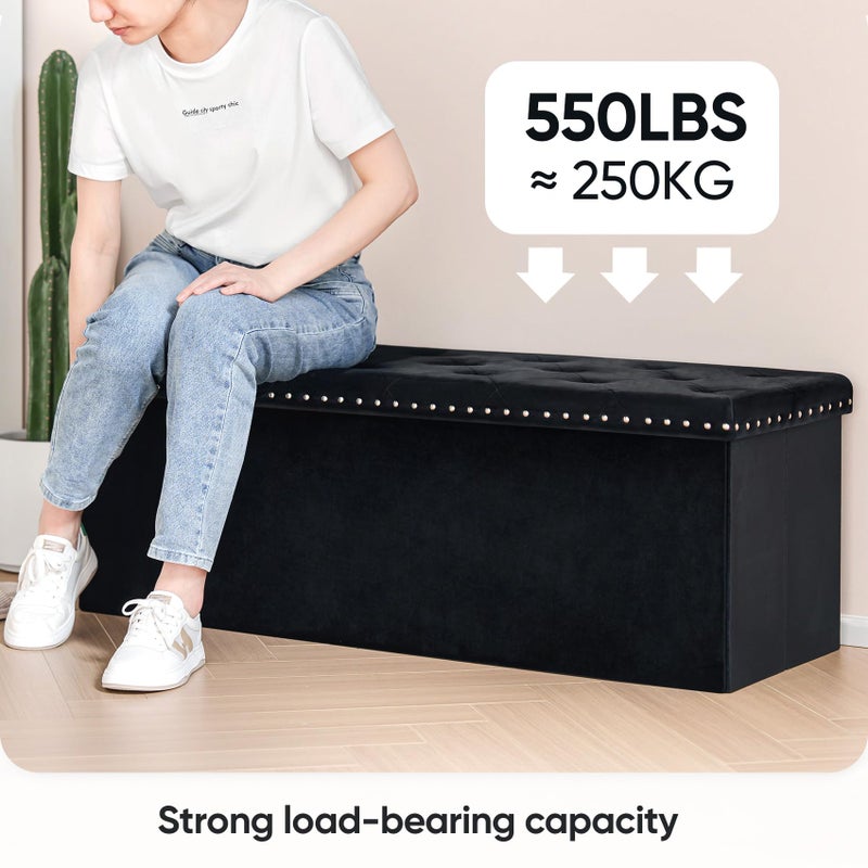 PINPLUS Folding Storage Ottoman Bench, Black Faux Leather Long Chest with Tray, Footrest Seat, Blanket Storage for Living Room Bedroom Office Hallway, 43.3"x15"x15" - Image 4