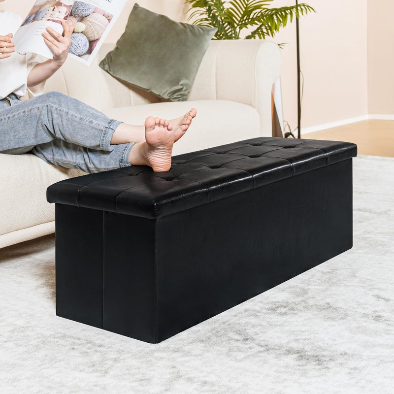 PINPLUS Folding Storage Ottoman Bench, Black Faux Leather Long Chest with Tray, Footrest Seat, Blanket Storage for Living Room Bedroom Office Hallway, 43.3"x15"x15" - Image 2