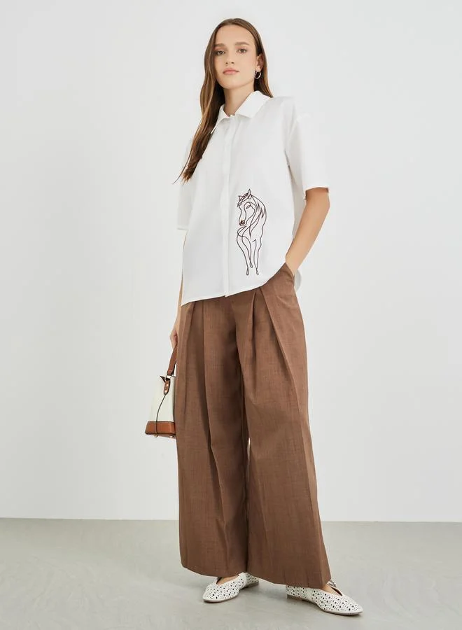 تايك تو Take Two Horse Embroidered Oversized Short Sleeve Shirt