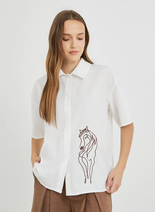 تايك تو Take Two Horse Embroidered Oversized Short Sleeve Shirt