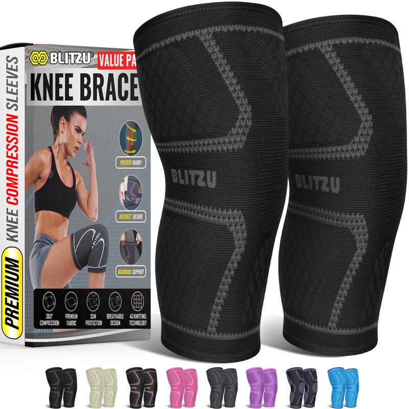 BLITZU Knee Sleeves for Men and Women 2 Pack, Compression Knee Brace for Running, Workout, Sports, Knee Braces for Meniscus Tear, ACL, Arthritis, Joint Pain Relief and Injury Recovery Plus Size Black 2XL - Image 1