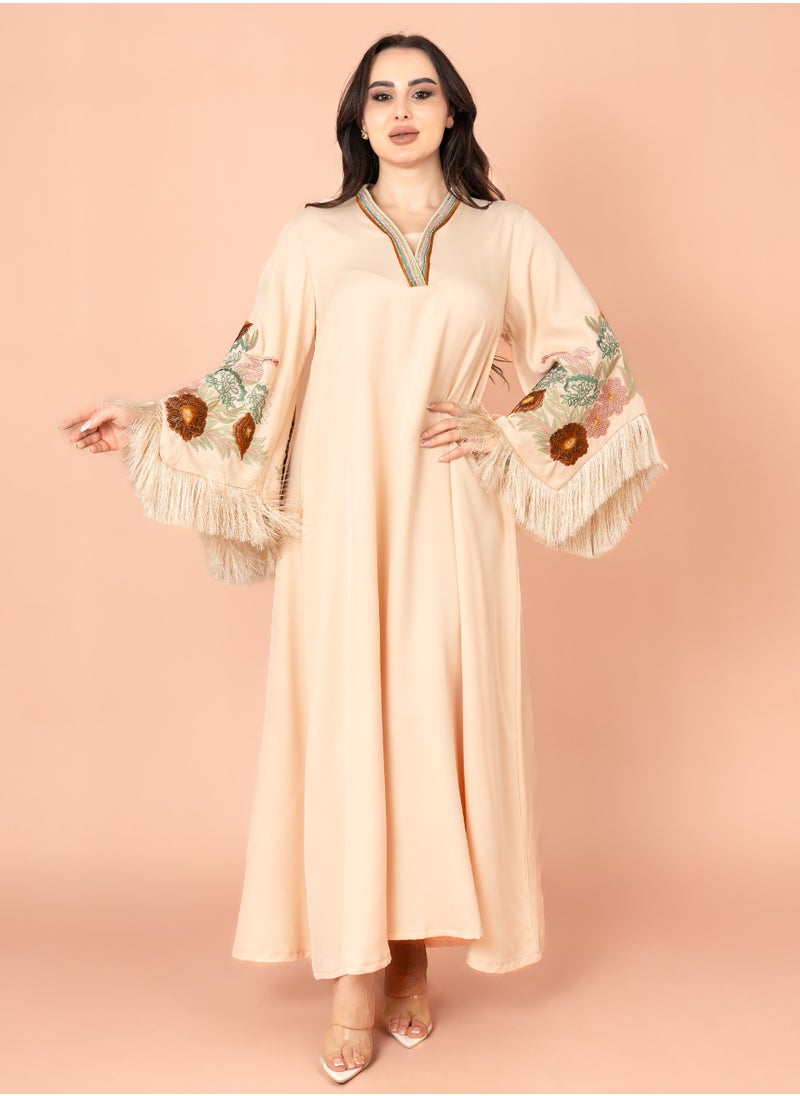 IKKXA Shimmer Detail Sleeves Embroidered Jalabiya Beige  - Image 1
