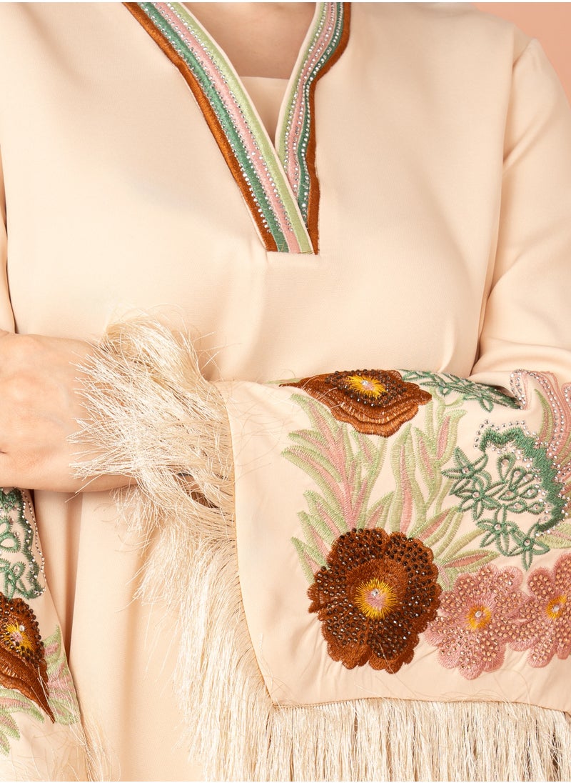 IKKXA Shimmer Detail Sleeves Embroidered Jalabiya Beige  - Image 2