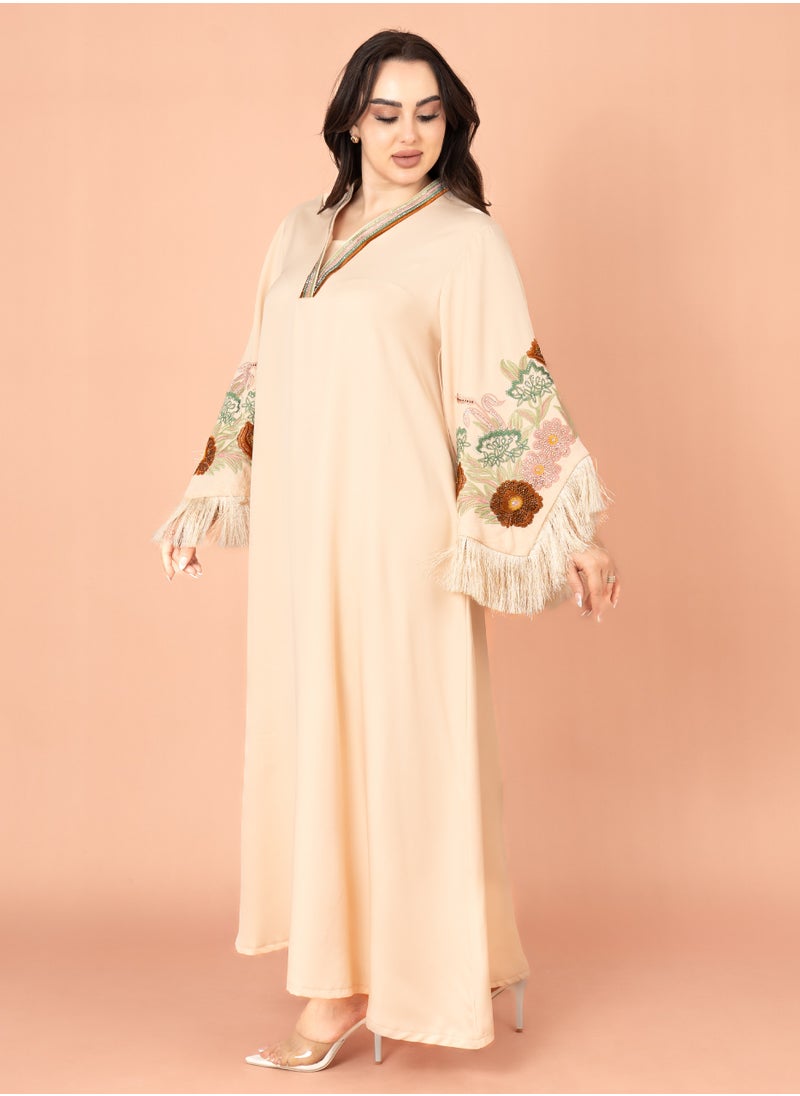 IKKXA Shimmer Detail Sleeves Embroidered Jalabiya Beige  - Image 3