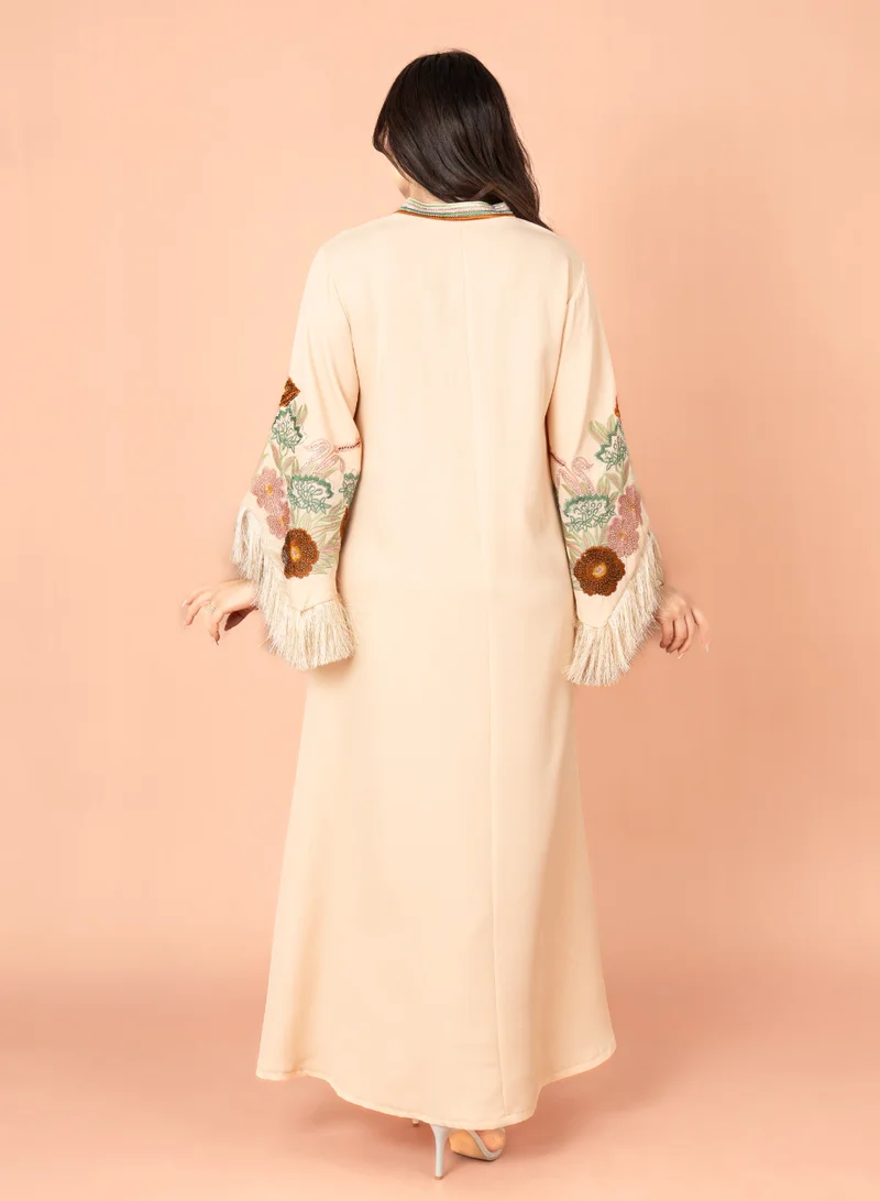 IKKXA Shimmer Detail Sleeves Embroidered Jalabiya Beige